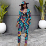 SA4029 Africans Femme Set Fashion – Traditional Ankara Print Long Sleeve Coat & Slim Fit Pants with Matching Hat for Wedding Party - Image 5