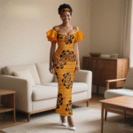 SA 4040 Ankara Fashion African Women Pleated Sleeve Heart-Collar Dress with Headscarf | Elegant Wedding Party Lady Dress - Image 10