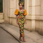 SA 4042 Ankara Fashion Puff Sleeve Women Slim Fit Dress Patchwork Dashiki Ankara Print with Headscarf | African Style Vestidos - Image 9