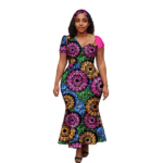 SA 4037 Ankara Fashion Women’s Slim Fit Dress Short Sleeves Patchwork Dashiki Print with Headscarf | Party Wedding Vestidos - Image 6