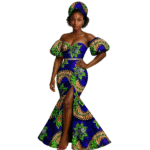 SA 4038 African Women Wedding Party Gown Sexy Puff Sleeve High Slit Mermaid Dress with Headscarf | Dashiki Ankara Style - Image 6