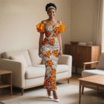 SA 4040 Ankara Fashion African Women Pleated Sleeve Heart-Collar Dress with Headscarf | Elegant Wedding Party Lady Dress - Image 8