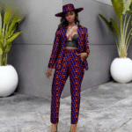SA4029 Africans Femme Set Fashion – Traditional Ankara Print Long Sleeve Coat & Slim Fit Pants with Matching Hat for Wedding Party - Image 8