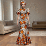 SA 4044 African Party Dress for Women Puff Sleeve O-neck Slim Fit Mermaid Dresses with Headwrap for Birthday Evening Wedding - Image 4