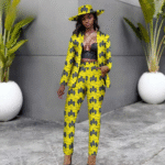 SA4029 Africans Femme Set Fashion – Traditional Ankara Print Long Sleeve Coat & Slim Fit Pants with Matching Hat for Wedding Party - Image 9