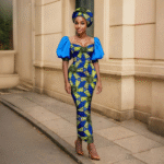 SA 4042 Ankara Fashion Puff Sleeve Women Slim Fit Dress Patchwork Dashiki Ankara Print with Headscarf | African Style Vestidos - Image 5