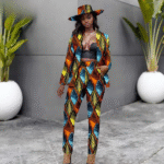 SA4029 Africans Femme Set Fashion – Traditional Ankara Print Long Sleeve Coat & Slim Fit Pants with Matching Hat for Wedding Party - Image 10