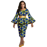 African Print Women’s Boat Neck Flare Sleeve Top & High Waist Midi Skirt – Dashiki 2 Piece Set