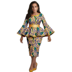 African Print Women’s Boat Neck Flare Sleeve Top & High Waist Midi Skirt – Dashiki 2 Piece Set - Image 5