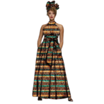 AFRIPRIDE African Dress for Women – Print Sleeveless Halter Maxi Dress with Headscarf